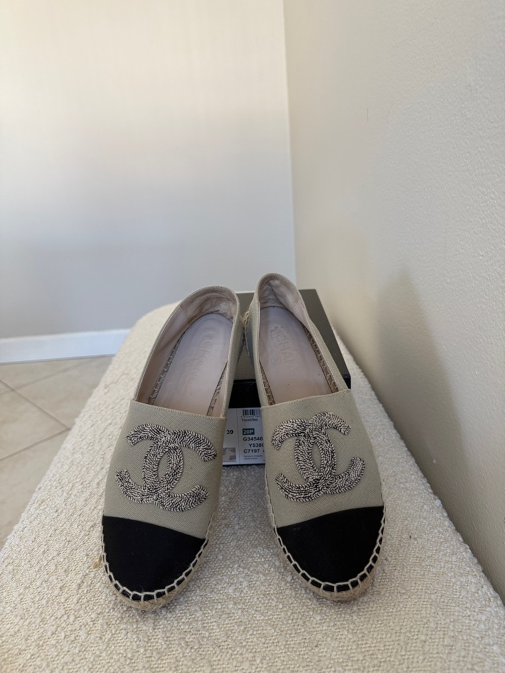 CHANEL Beige and Black Canvas Espadrille Flats with Embroidered CC